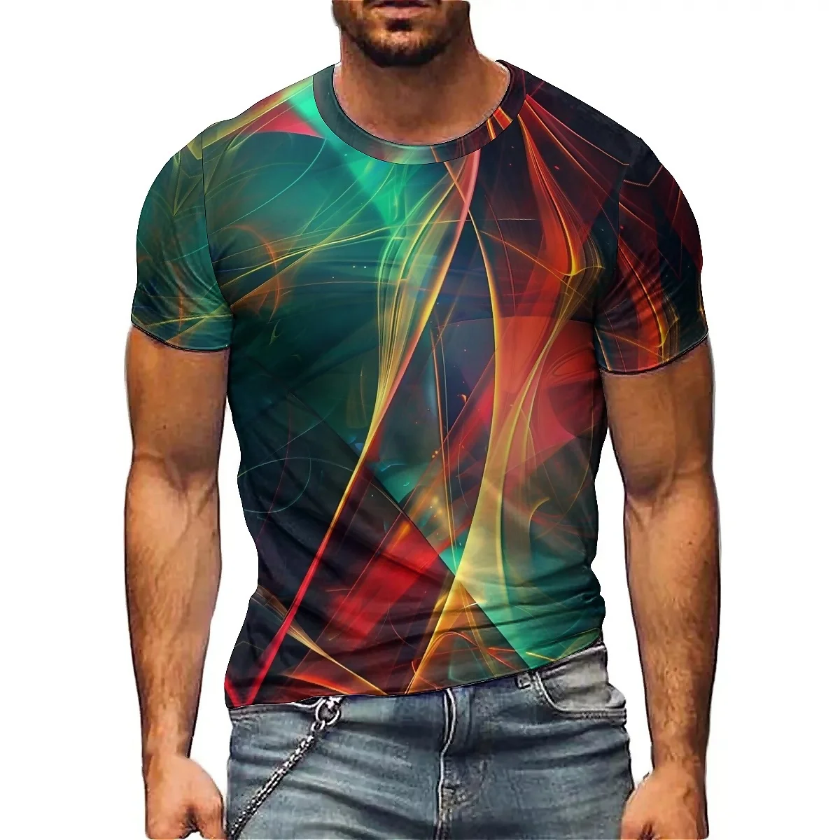 2025 Summer Vibrant Men's Creative Geometric Abstract Pattern 3D Printed Short Sleeve T-shirt Street Trendy Art Style Round Nec