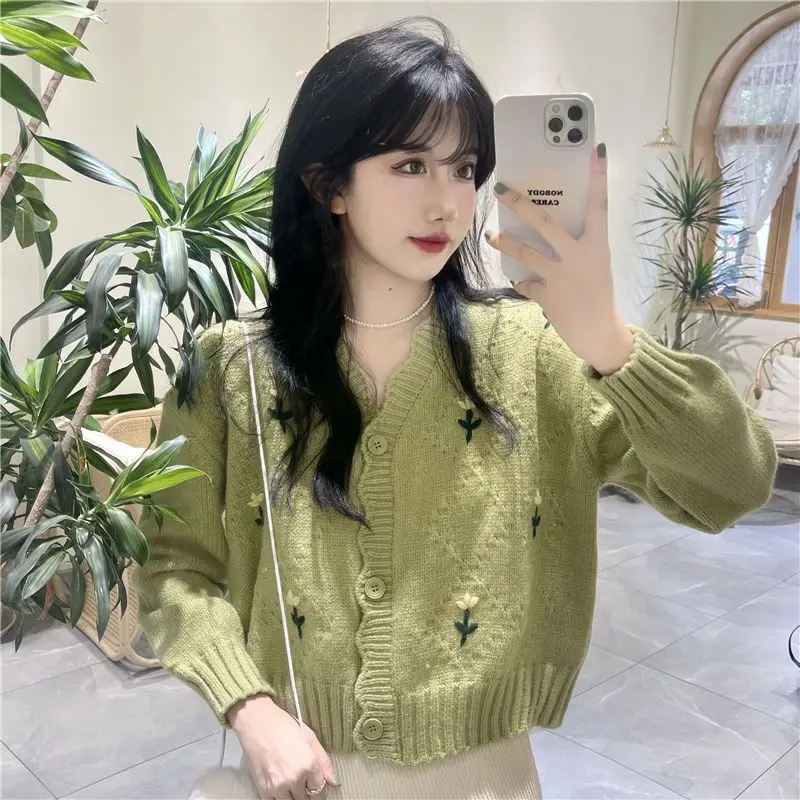 Women Autumn Korean Loose Fashion Embroidered V-neck Long Sleeve Knitwear Ladies Trend All-match Knitting Cardigan Coat Tops