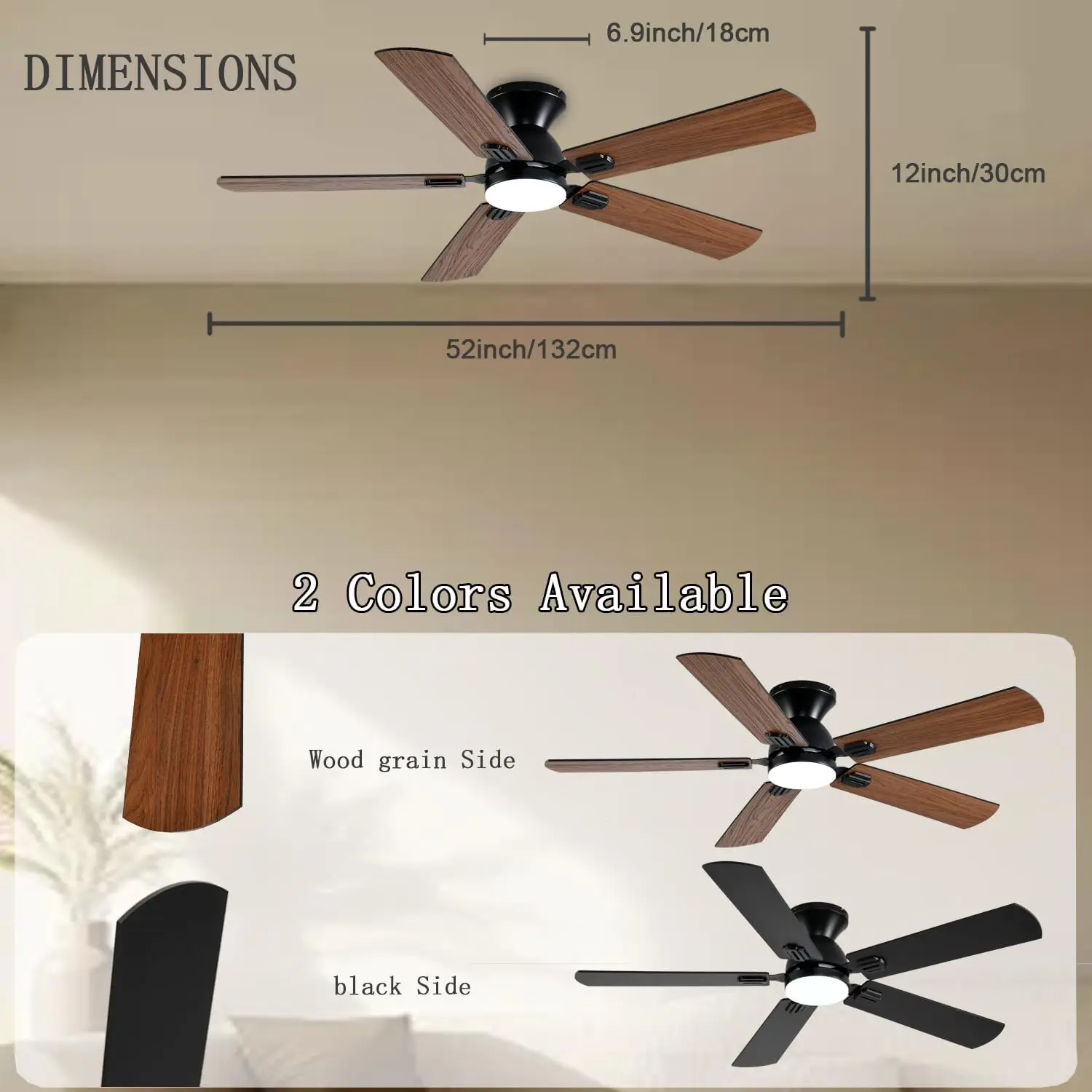 

Ceiling Fans with Lights, 52 Inch Low Profile Ceiling Fan with Light and Remote,Flush Mount Ceiling Fan, 3CCT,Dimmable,Noiseless
