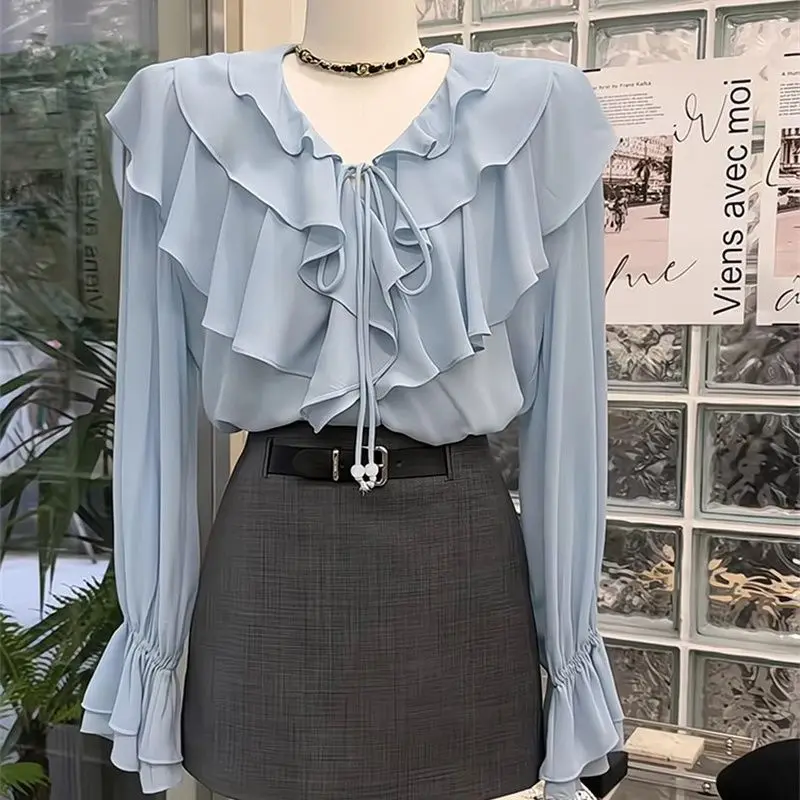

Chiffon Blouse Women Clothing 2025 Camisas De Mujer Flare Sleeve V-neck Ruffles Summer Shirts Solid Color Vintage Blouses Tops