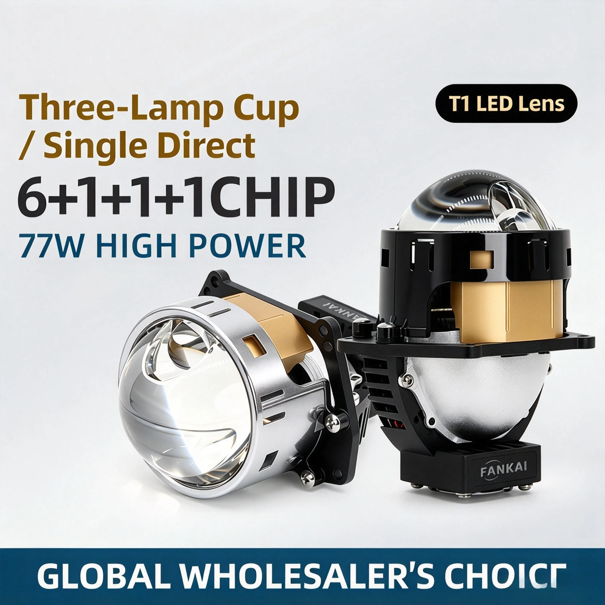 NXY T1 3 Inch 77W Bi LED Projector Lens Single Laser Beam Triple Cup High Low Beam Car Headlight Retrofit Upgrade Lighting