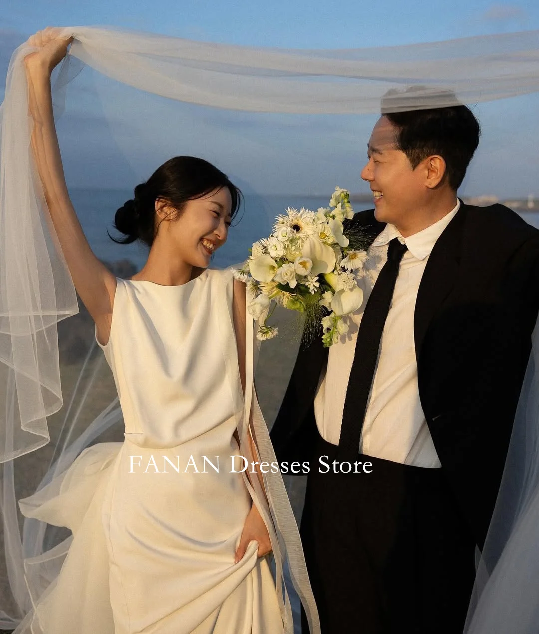 FANAN 보트 넥 한국 아이보리 칼집 웨딩 드레스 웨딩 드레스 스윕 기차 우아한 백리스 맞춤형 예쁜 신부 가운 플러스 사이즈