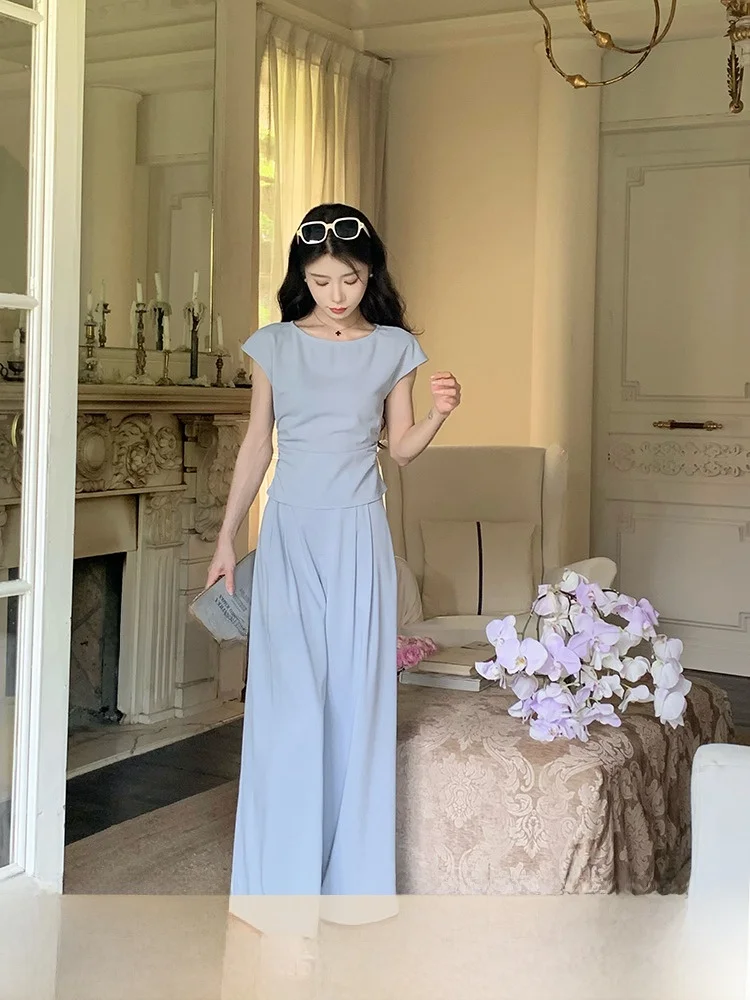 

Ele Slimming Suit Set with Pleated Waist-Cinching Top And Pants for Women Summer 2025 Faion Polyester Fiber ort Sv...