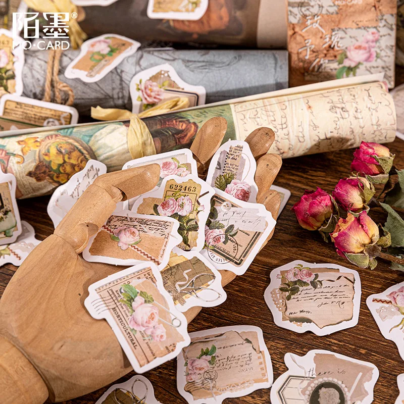 46pcs Vintage Rose Label Stickers Ins Style Collage Junk Journal Planner Decorative DIY Stickers Album Scrapbooking Material