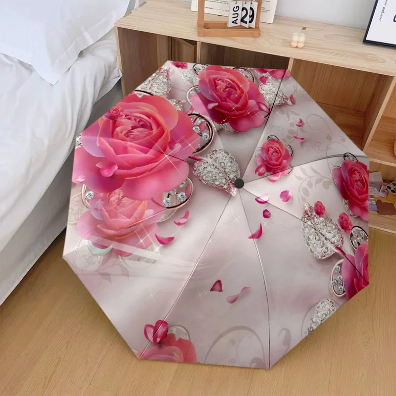 

Automatic Open/Close Umbrella with One-Touch Button - Elegant Pink Rose & Clear Canopy, 8-Rib Windproof Design, Compact Foldin