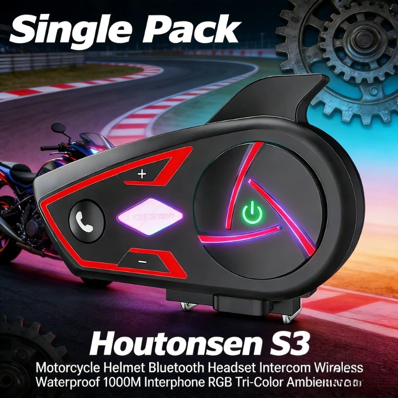 

Houtonsen S3 Motorcycle Bluetooth Intercom Headset 1000M Waterproof Helmet RGB Tri-Color Ambient Light Interphone