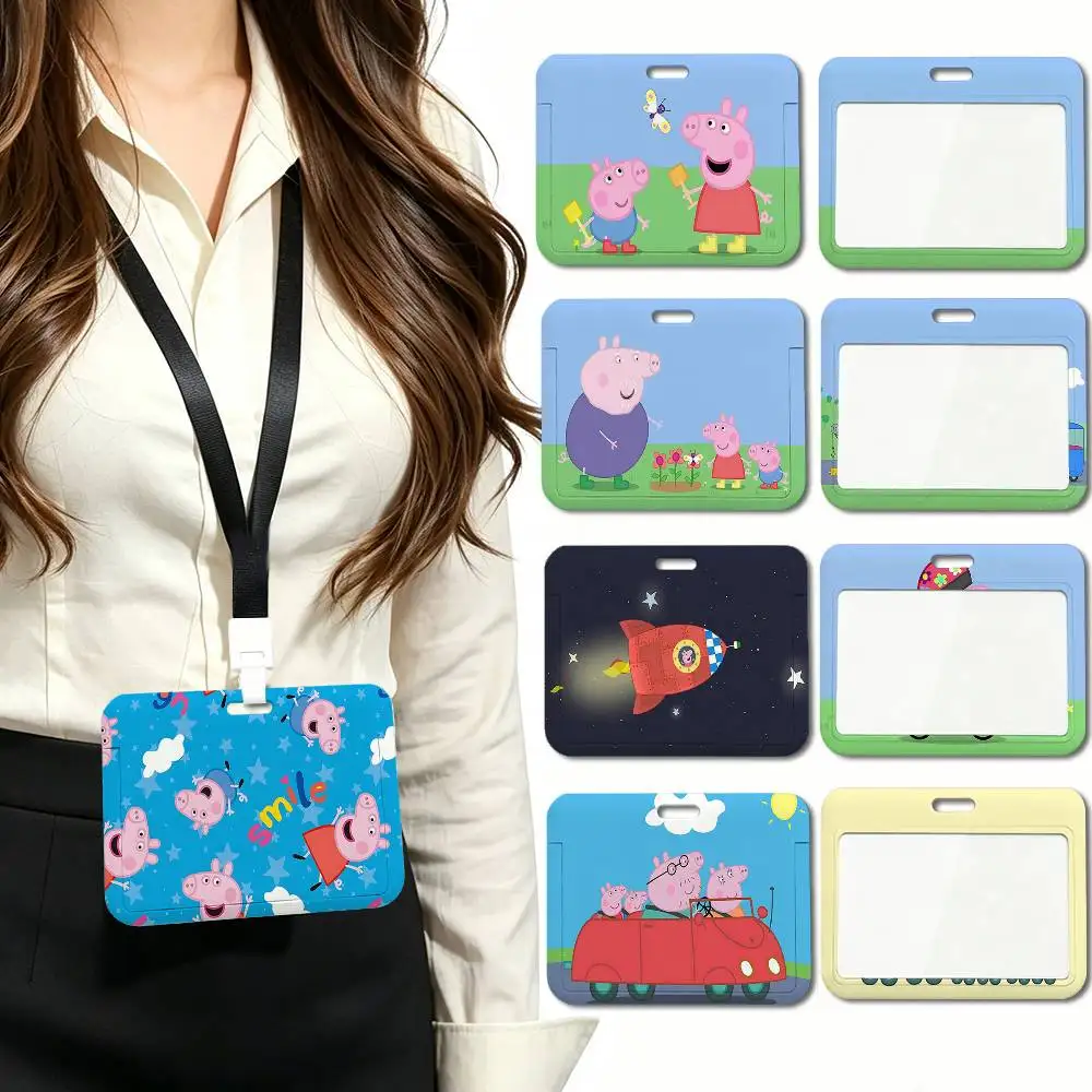 P-Peppa Pig ID Card Sleeve Durable Work Card Holder With Neck Strap Business ID Cover For Employees