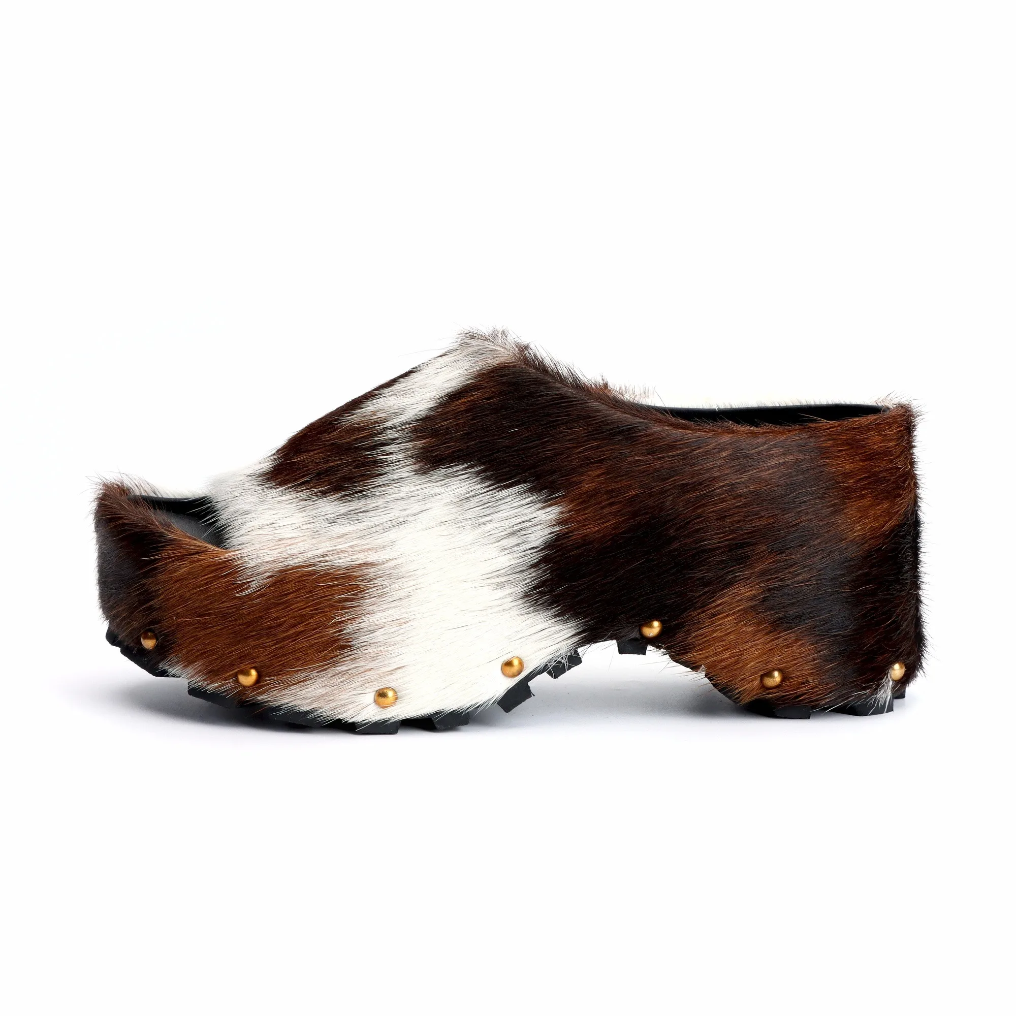 Handmade Women's Platform Fur Clogs, Arch Support Slip-On Mules with Natural Calf Hair,Studded Vintage Cowboy Style Slippers