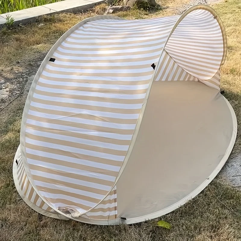Beach Tent Quick Setup Portable Lightweight Striped Beige White Canopy for Camping Picnics Beach Outdoor Shade UV Protection
