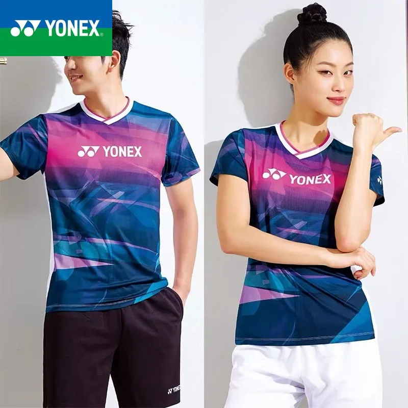 Yonex-قميص تنس الريشة بأكمام قصيرة قابل للتنفس للرجال والنساء ، سطح تظليل هندسي ، سريع الجفاف ، جديد ، صيني