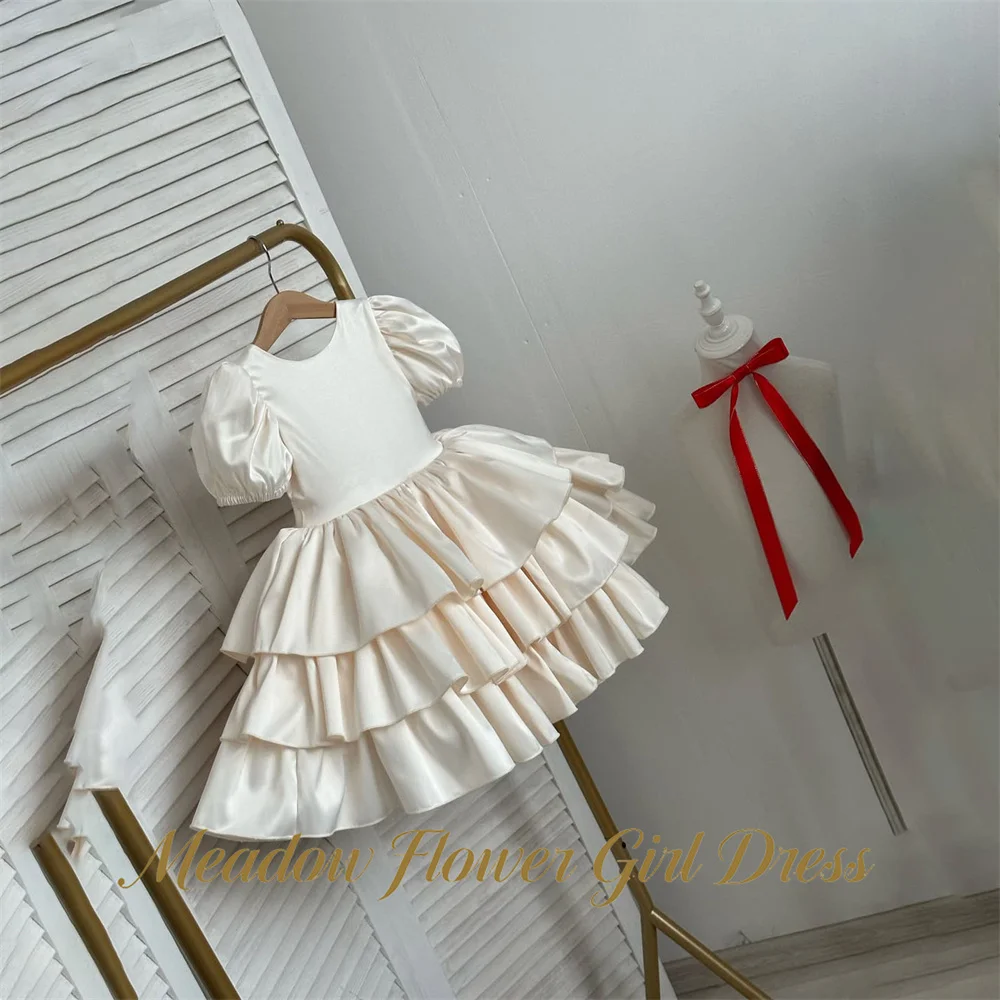 

Meadow Champagne Cream First Communion Gown Round Neck Girls Princess Dress with Bow Knee Lenght Evening Party Dress for Girls