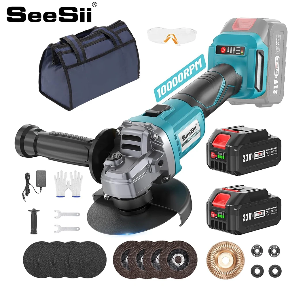 

SEESII 21V Brushless Angle Grinder 125mm Cordless Cutting Polishing Machine Electric Li-ion Power Tools for Makita 18v Battery