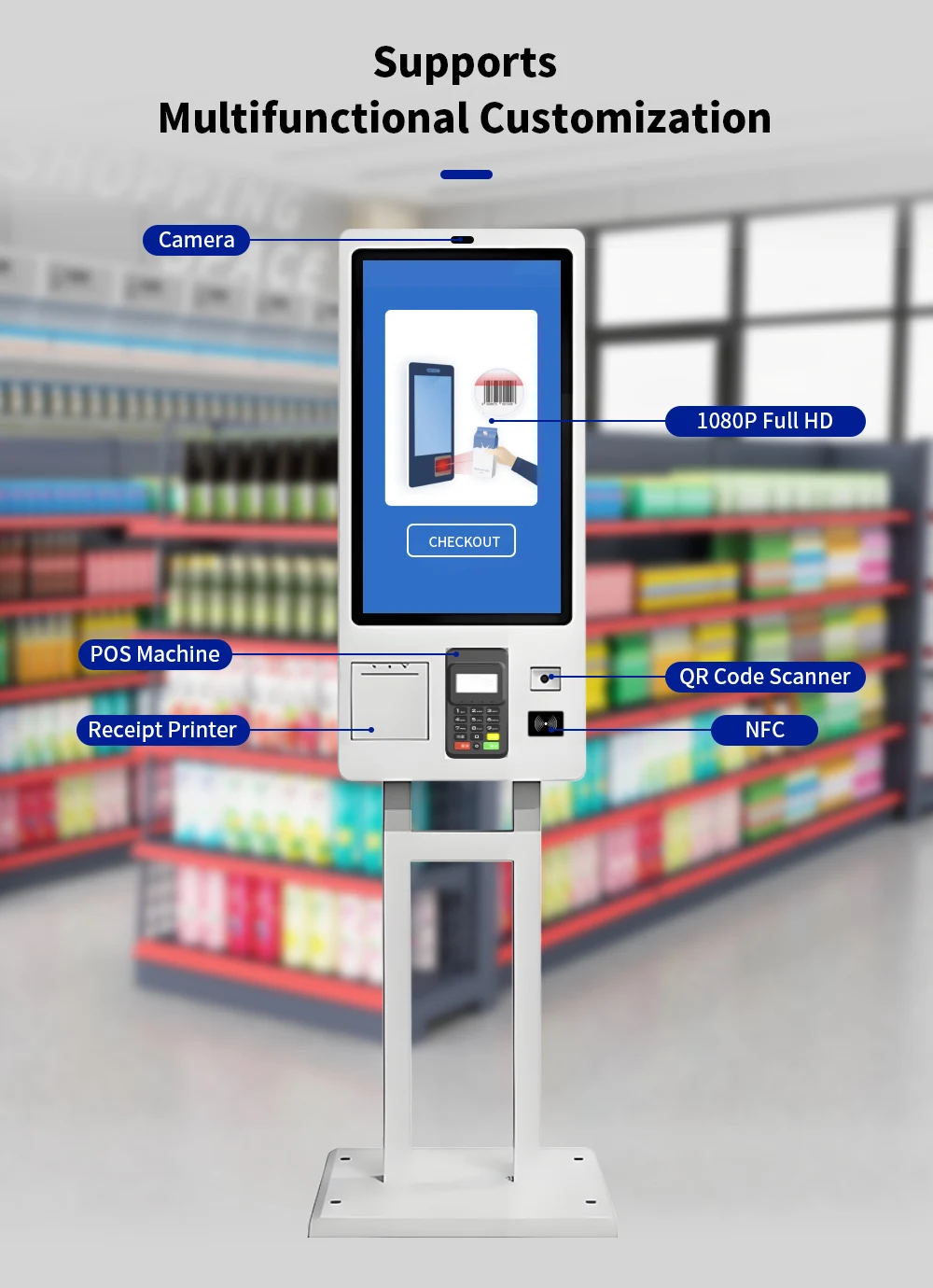General merchandise store kiosks, ordering kiosks, touchscreen kiosks with credit card readers