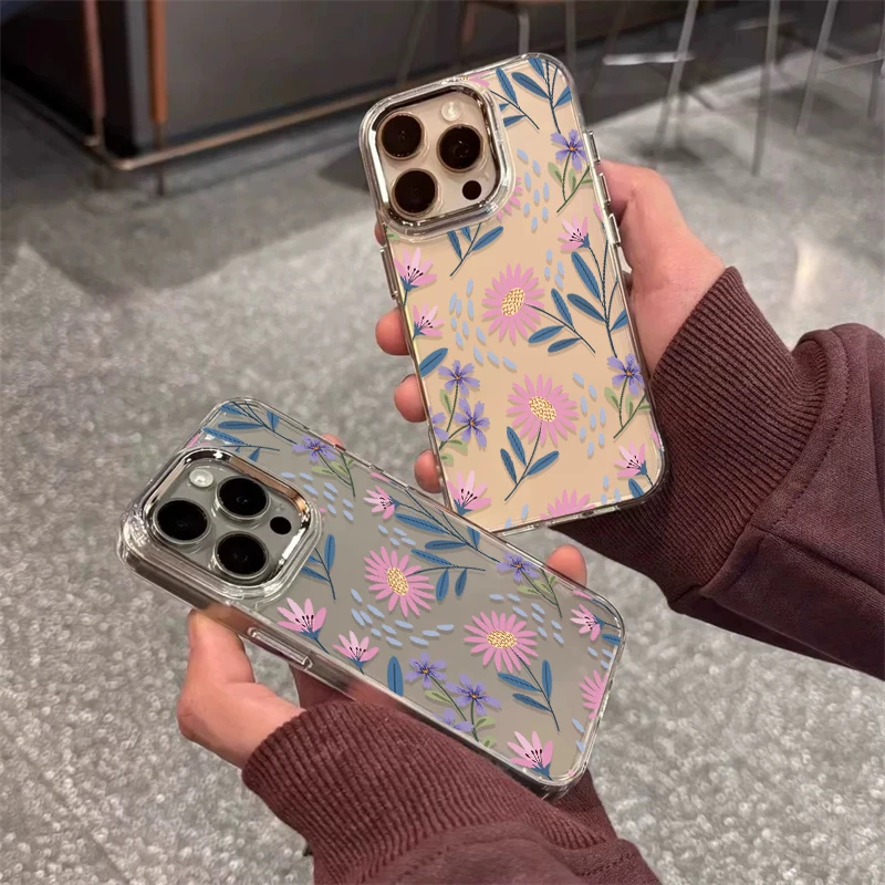Custodia per telefono con motivo floreale per iPhone 17 Air 13 11 12 14 15 Pro Max 16e XR XS X 7 8 Plus Cover con cornice per obiettivo argento antiurto
