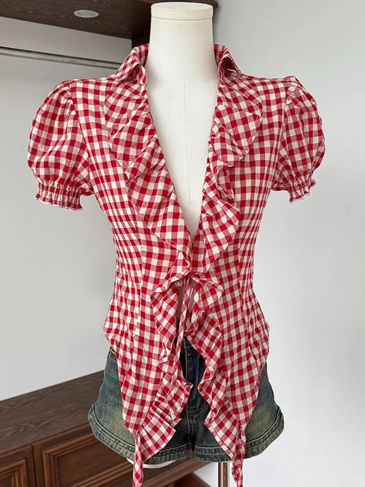 Schlankes, sexy rotes Karohemd für Damen – Vintage Kurzarm-Bluse mit Rüschen, süße Sommer-Retro-Bluse, lässige, unregelmäßige Damen-Oberteile, neu