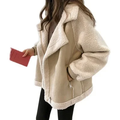 Women Winter Jacket Chic Faux Fur Collar Coats Aviator Motorcycle Biker Jackets Female Lamb Wool Coat 2022 New Coats