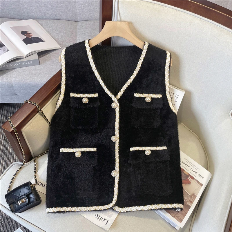 Mohair Knit Vest with Flap Pocket Pearl Button Gold Thread Brush Sleeveless Cardigan Sweater Women Fall Winter Classic Outfit