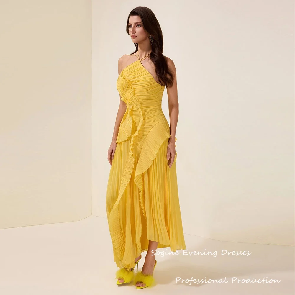 

Pleated Frill Halter Neck Midi Dress For Women Chiffon Evening Dresses Sleeveless Empire Waist Robes De Soirée Formal Gowns