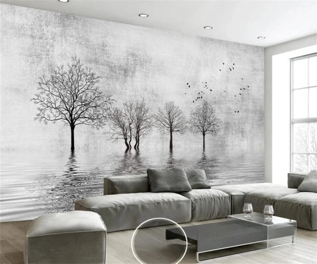 Custom Home Background Wall 3D Wallpaper Abstract Black & White Tree Water Reflection Photo Painting New Chinese Style Decor