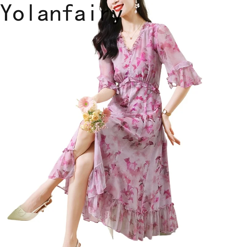 YOLANFAIRY 100% فستان حريري التوت الطبيعي للنساء أوائل الخريف الراقية فساتين طويلة امرأة أنيقة الأزهار الوردي فستان 2025