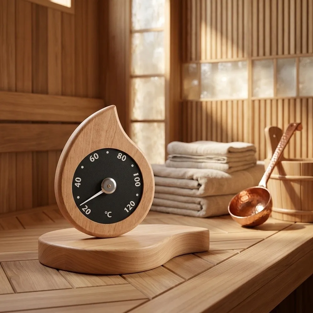 For Steam Room Wooden Temperature Gauge for Sauna Use Teardrop Housing Wall Mount 17cm x 14cm x 2cm Clear Numerals