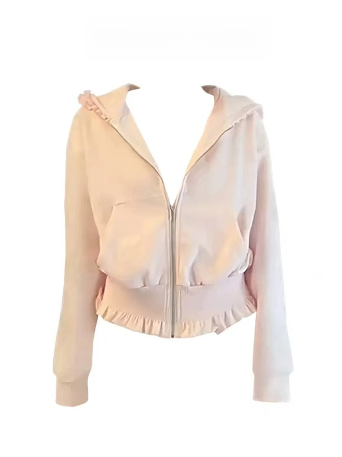 

Pink Hooded Zipper Cardigan Short Loose Women's Top Sweet Waist Cinching Wood Grain Spring Autumn Outerwear