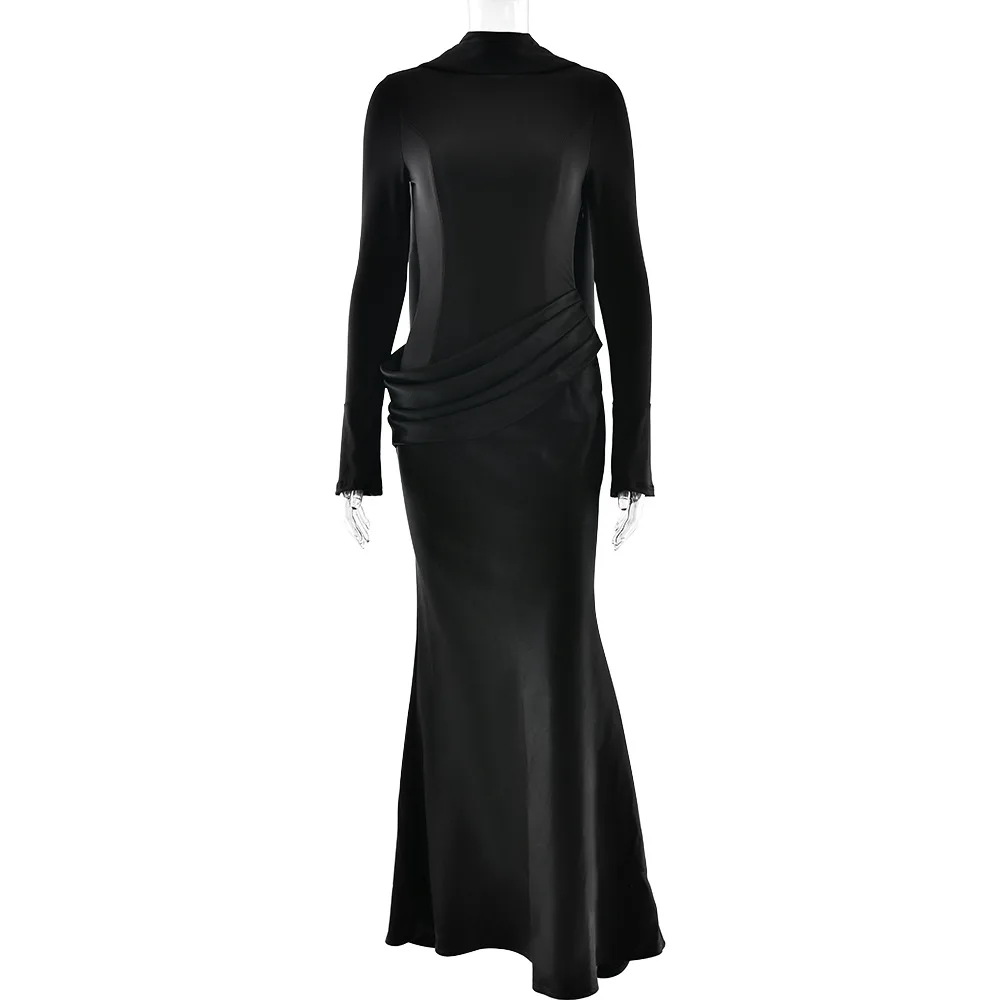 Elegante maxi-jurk met sjaalhals en lange mouwen Moslim dames ruchespaneel slim fit zeemeerminjurk satijnen formele avondfeestjurk