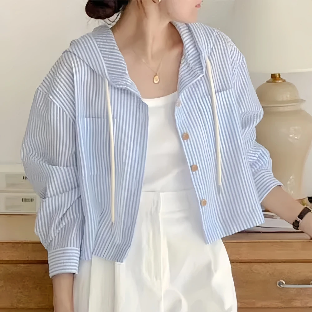 Crop Top Korean Chic Breathable Stripe Contrast Color Hooded Shirt Women Loose Long Sleeve Sunscreen Short Fit Match All Season