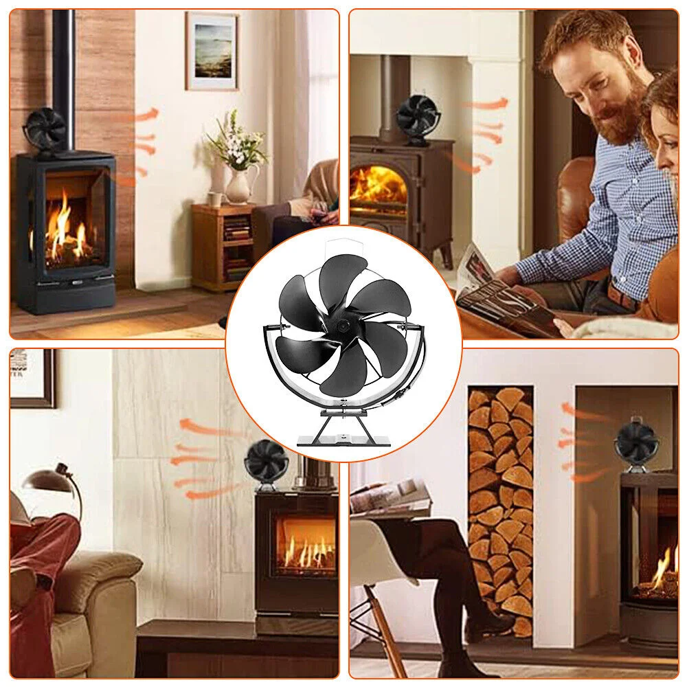 Heat Powered Stove Fan 6 Blades Fireplace Fan 360° Rotating Wood Stove Fan Home Efficient Winter Warm Heat Distribution