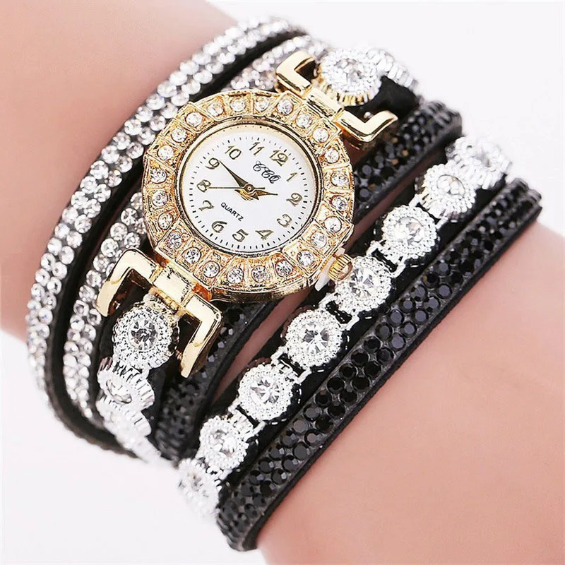 Fashion Rhinestone Blingbling Leather Wrap Quartz Women Watch