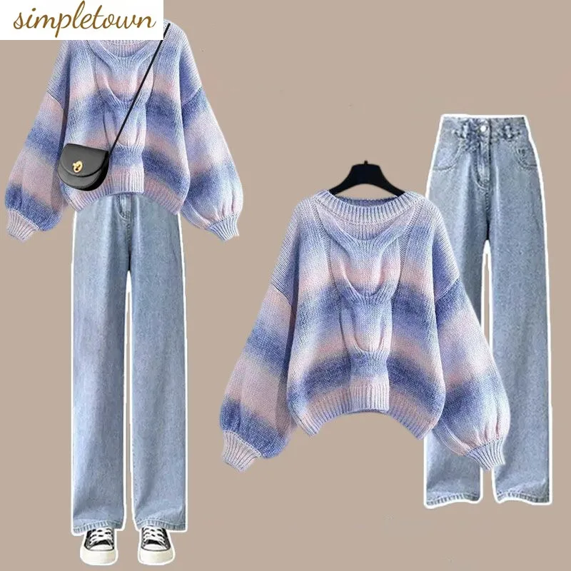 

2023 Autumn/Winter Set Female Student Korean Loose Knitted Gradient Rainbow Sweater+High Waist Jeans Two Piece Set