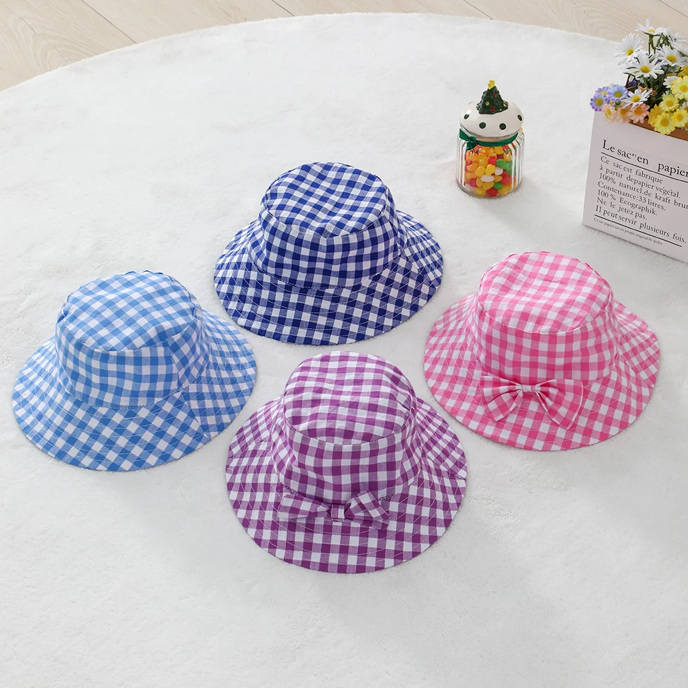 

Bow Plaid Summer Hat For Kids Outdoor Bucket Hat For Girls Boys Summer Wide Brim Beach Toddler Children Fisherman Caps