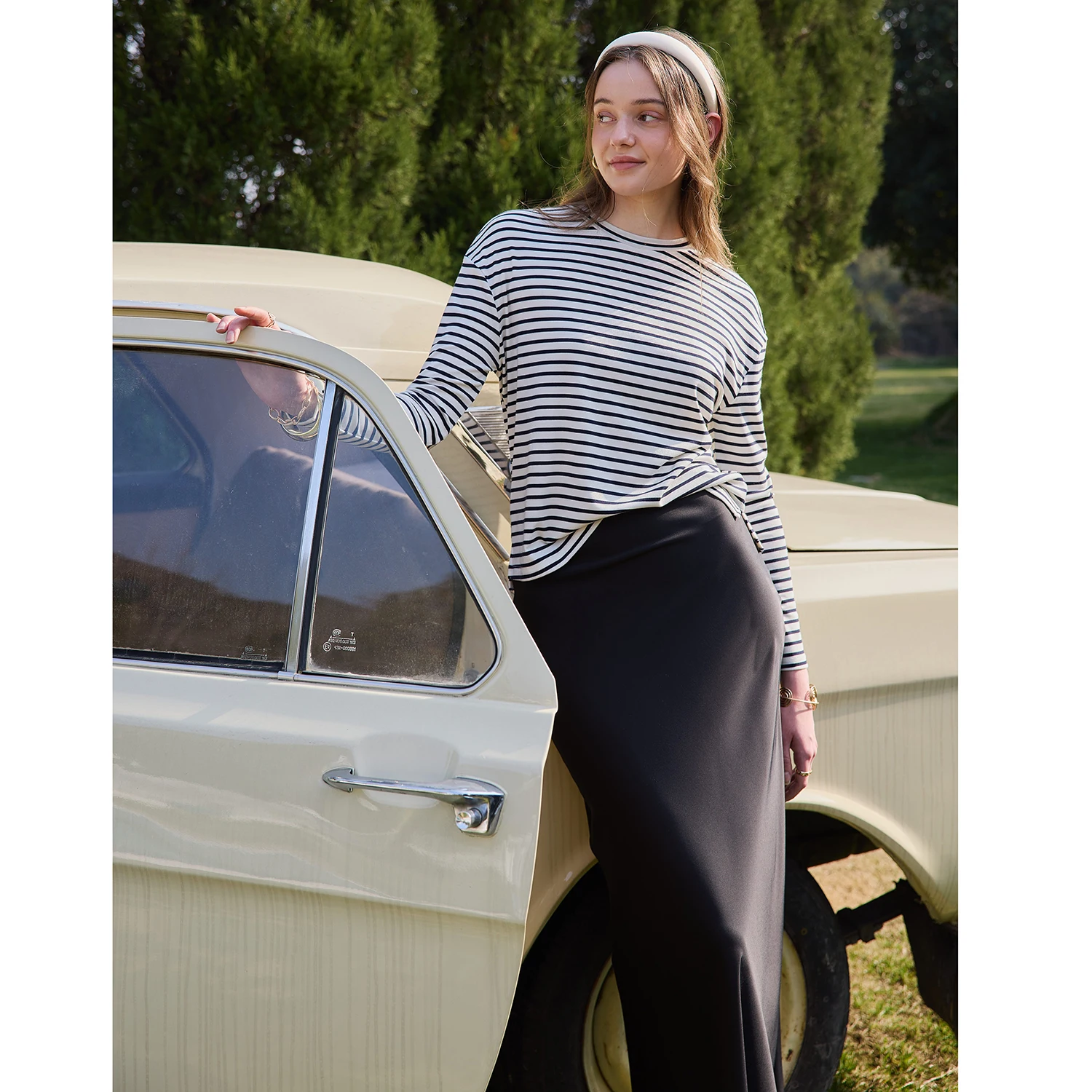 AP SS26 Women Navy Stripe Casual Shirt O Neck Fashion Basic Loose Style