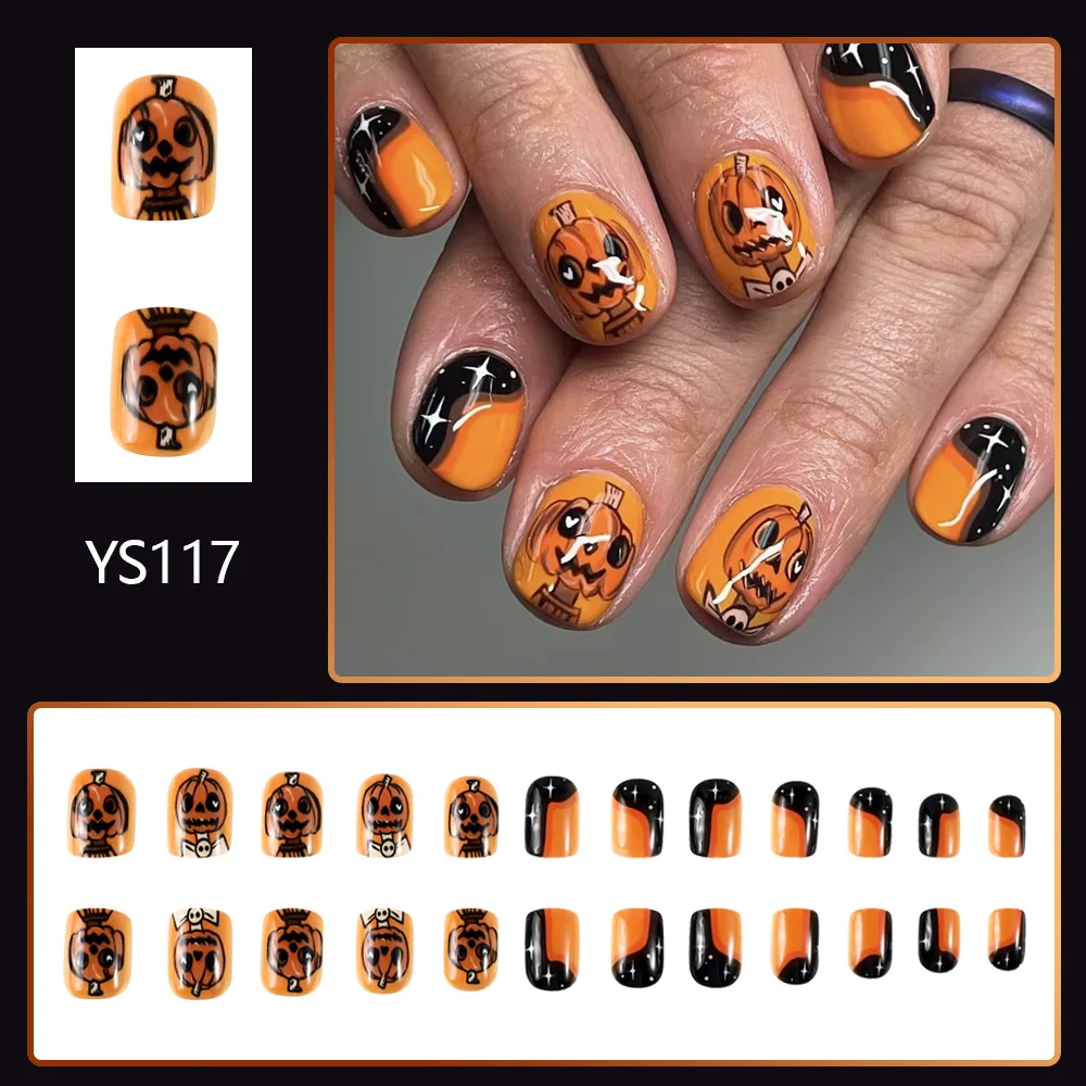 Ensemble de Faux Ongles Courts et Réutilisables, 24 Pièces/Boîte, Paillettes, Étoile, Citrouille, Halloween