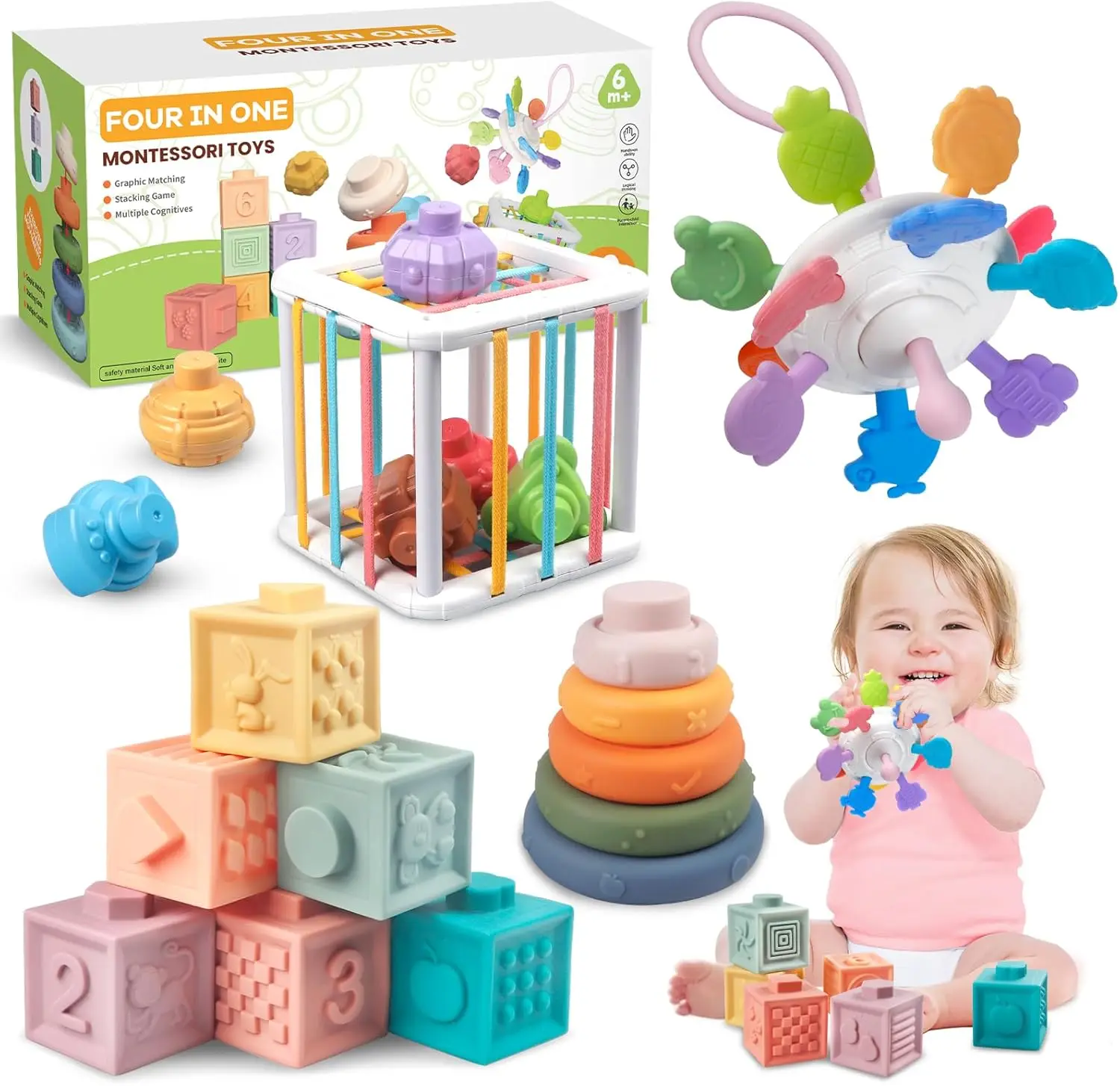 

Soft Stacking Blocks & Sensory Toys for Babies: 4-in-1 Montessori Learning Set, Teething and Educational Play