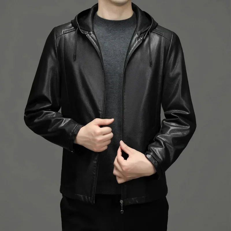 Men's Leather Jacket Men Clothing 2025 Spring Autumn New Mens Male Hooded Sheepskin Coat Chaqueta De Cuero Para Hombre FC