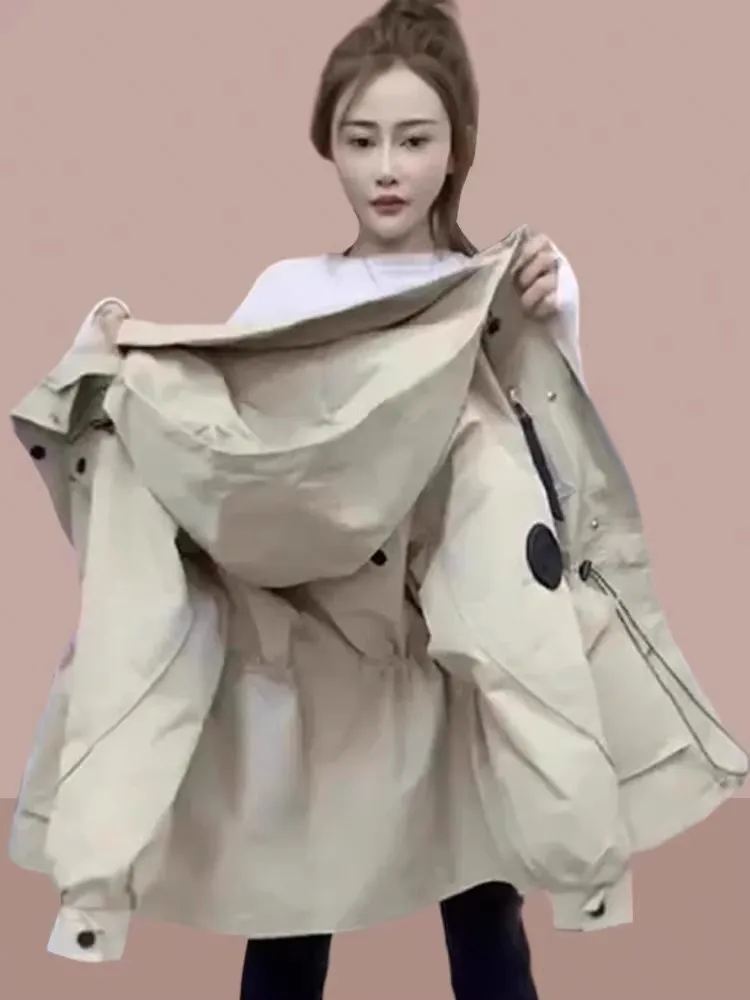 

Women's ort Jaet Coat Spring Autumn New Sle Waist-Cinching Utili Coat Hooded Zipper Closure Medium-Length Coat