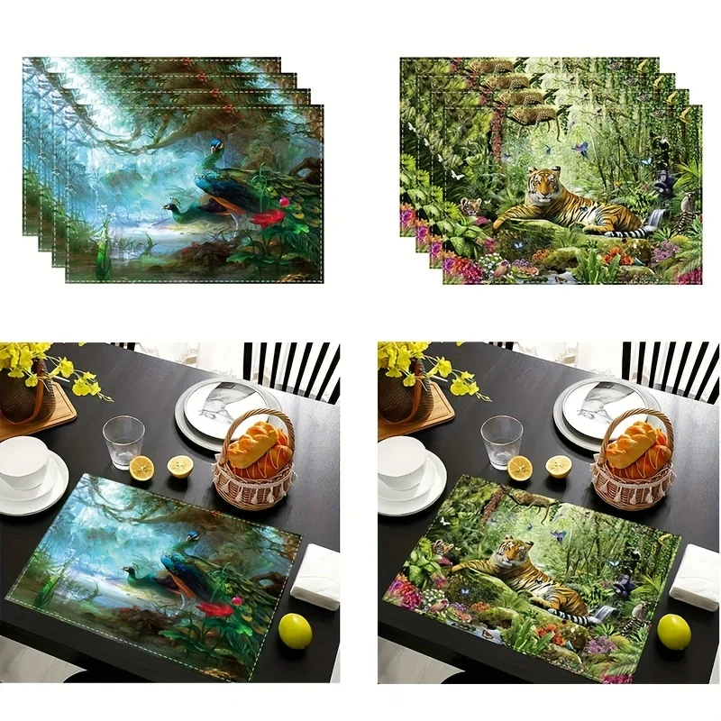 1pc Linen Placemats, Natural Style Animal Live In Forest Pattern Placemats, Spring Theme Table Mats Decoration