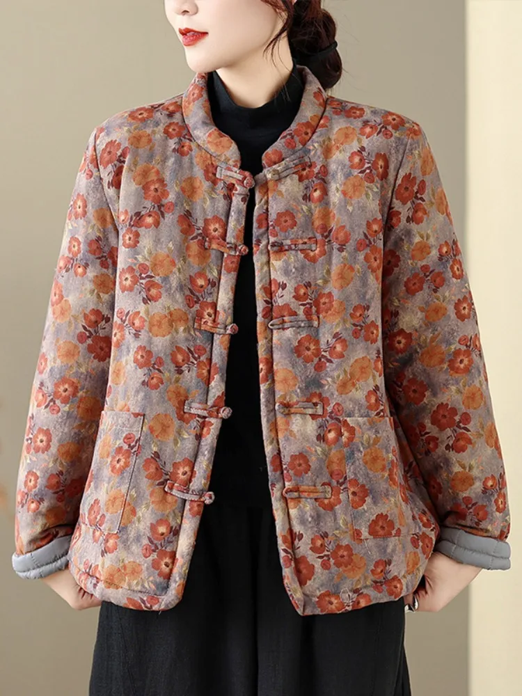 

Хлопковая куртка в стиле ретро с цветочным принтом, женское зимнее пальто с пуговицами, теплая хлопковая одежда, верхняя одежда, улучшенный костюм Тан