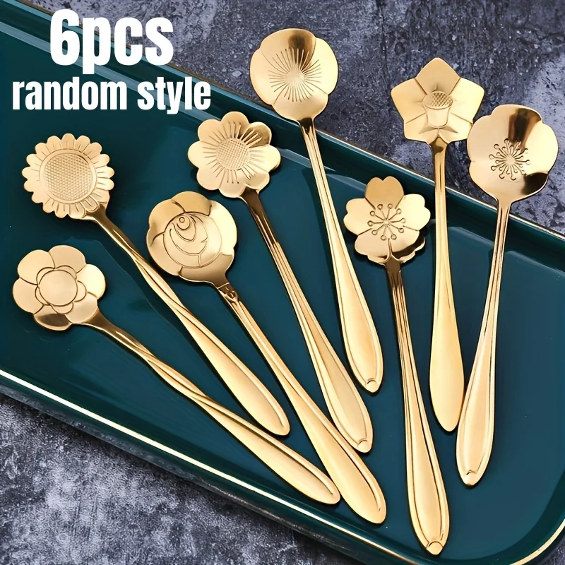 Set of 6 Random Style Stainless Steel Teaspoons Ideal for Desserts - Petite Coffee Spoons, Charming Dessert Spoons for Tea, Soup