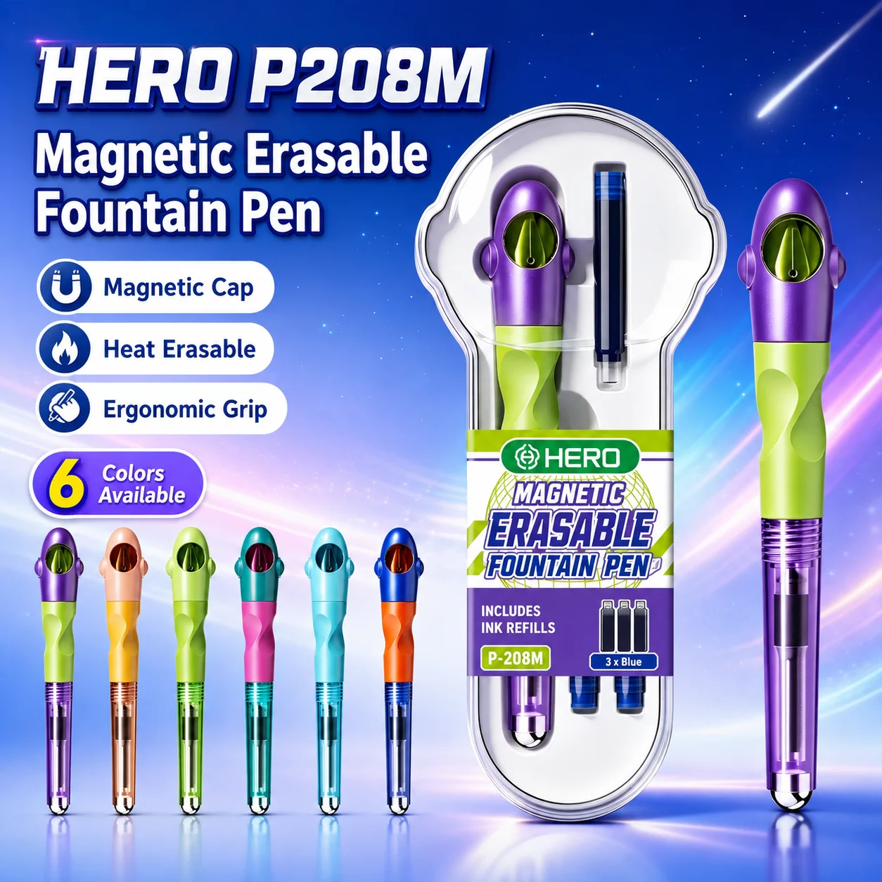 HERO P208M Spaceship Shape Thermo Erasable Fountain Pen Magnetic Cap 0.38mm EF Nib Kids Beginner Writing Practice StationeryGift