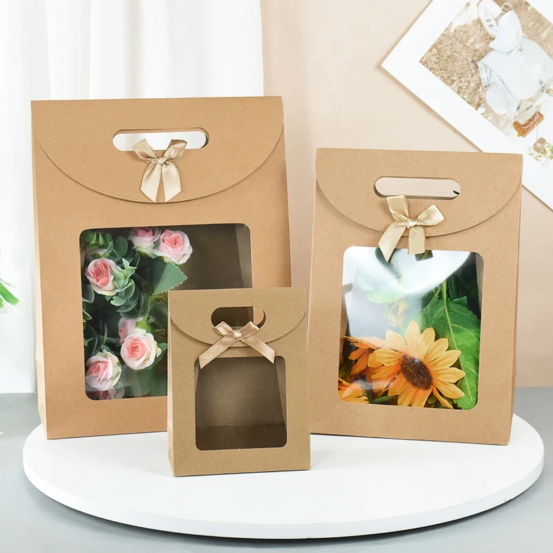 Sacchetto di carta Kraft da 2 pezzi con finestra in PVC trasparente sacchetti per feste di matrimonio di compleanno scatole regalo di san valentino