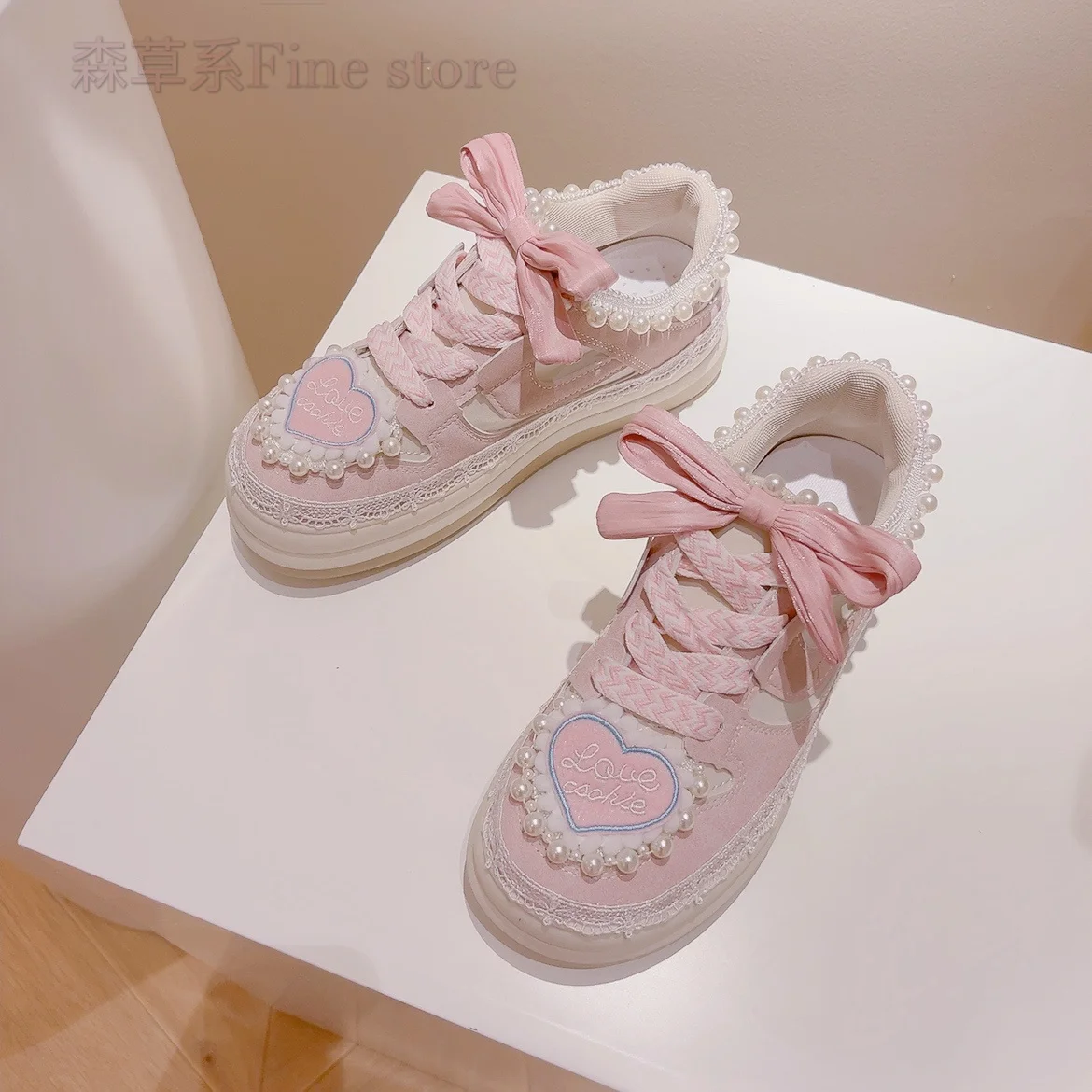 Girls Shoes Pink Lovely Pearls Decoractions Cute Bow Autumn 2023 New Girlish Heart Round Head High Quality Casual Sneakers