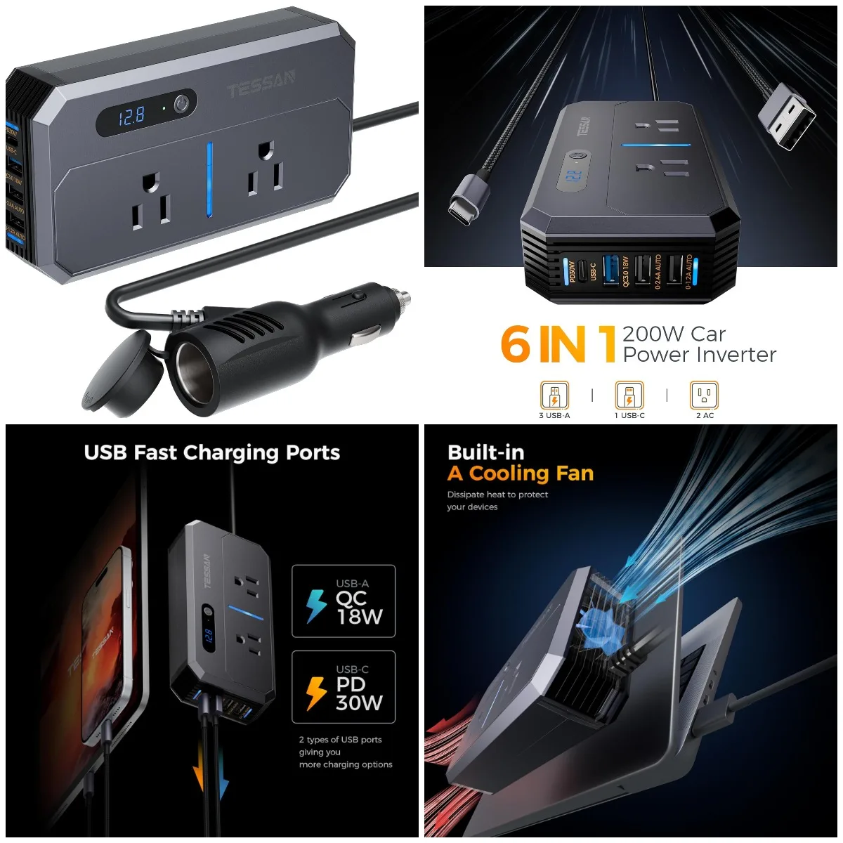 

Автомобильный инвертор мощностью 200 Вт от 12 до 110 В, 2 розетки переменного тока, 4 USB PD/QC3.0, серый