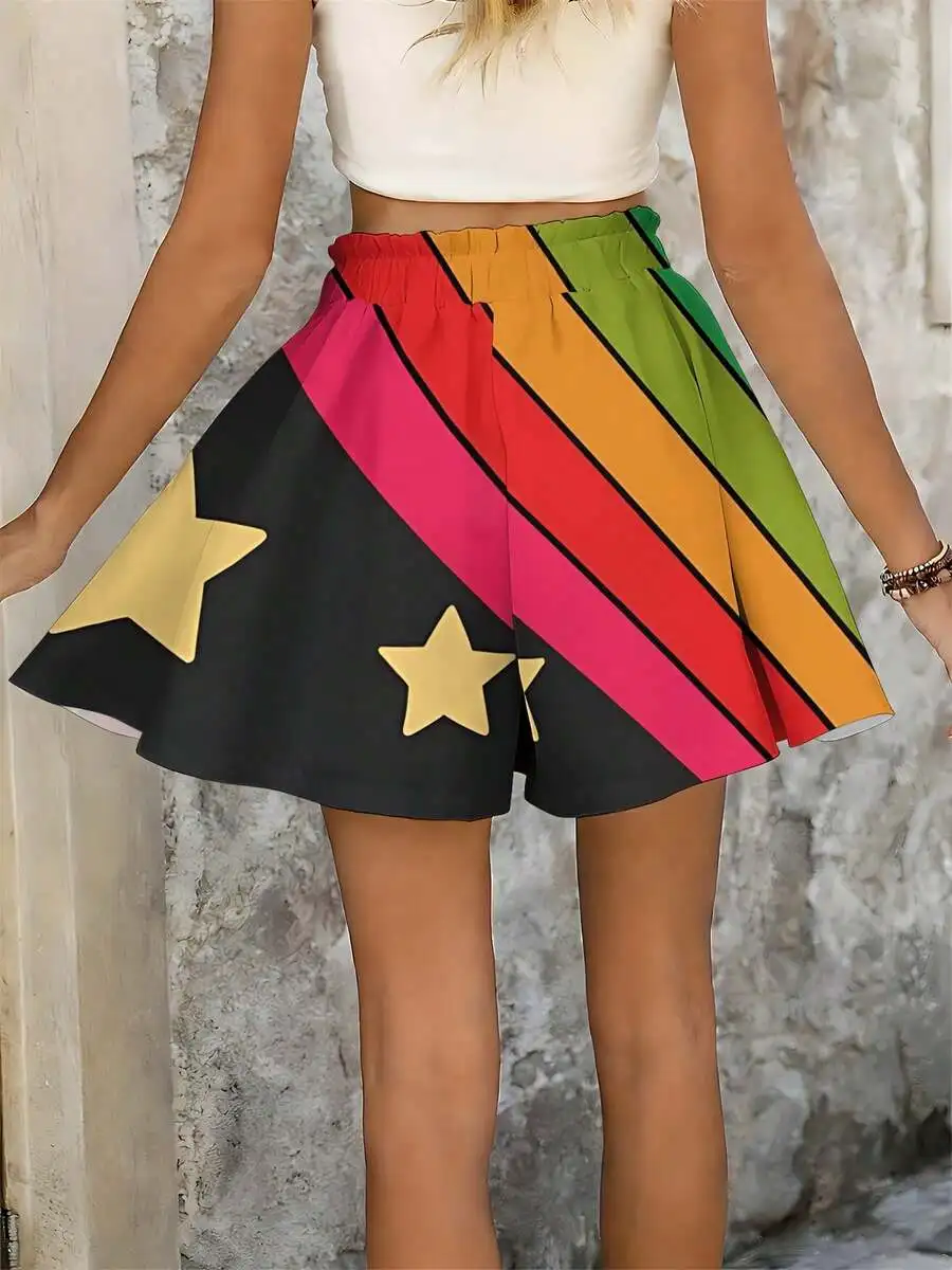 Women Summer Colorful Stripe Star Print Skort Shorts Casual High Waist Loose Fit