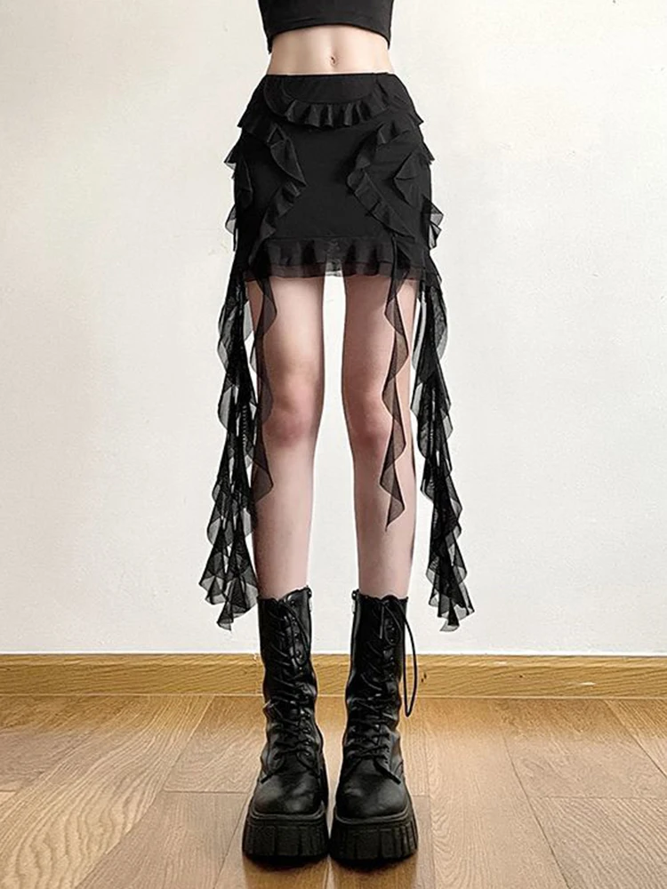 Jmprs-faldas de malla góticas para mujer, minifalda Sexy con volantes de cintura alta Y2K, Vintage, Harajuku, Japón, diseño femenino ajustado, falda negra, novedad