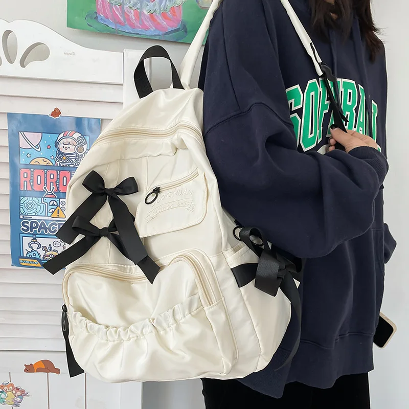 Waterproof Backpack Decorated with Black Satin Bows Multi-pocket Large Capacity Student Schoolbag Lightweight Casual Daily