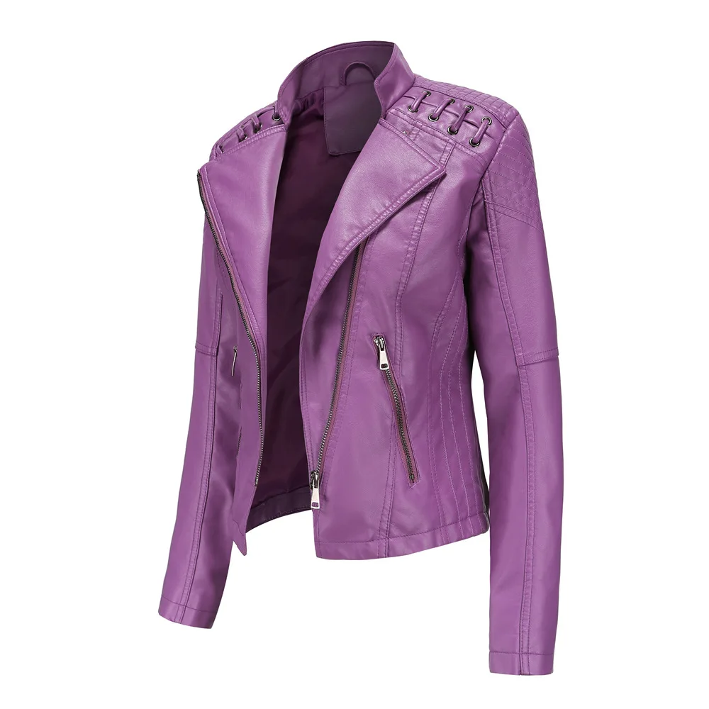 Jaket Kulit Sepeda Motor Wanita Musim Semi Musim Gugur Jaket Moto & Biker Hitam Ramping Ritsleting Kerah Lipat Wanita Kulit XQ3