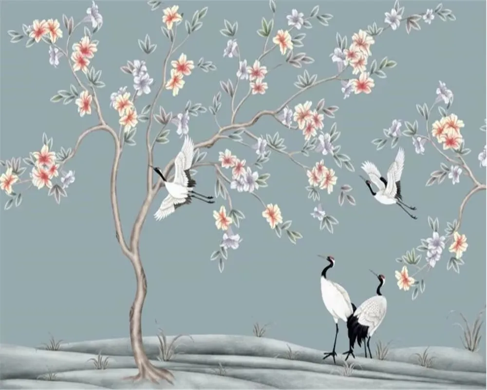 

Customized Size Mural Chinese Flower, Bird, Branch Wallpaper Home Decoration Retro Flat Flower Decoration Painting 3d wallpaper