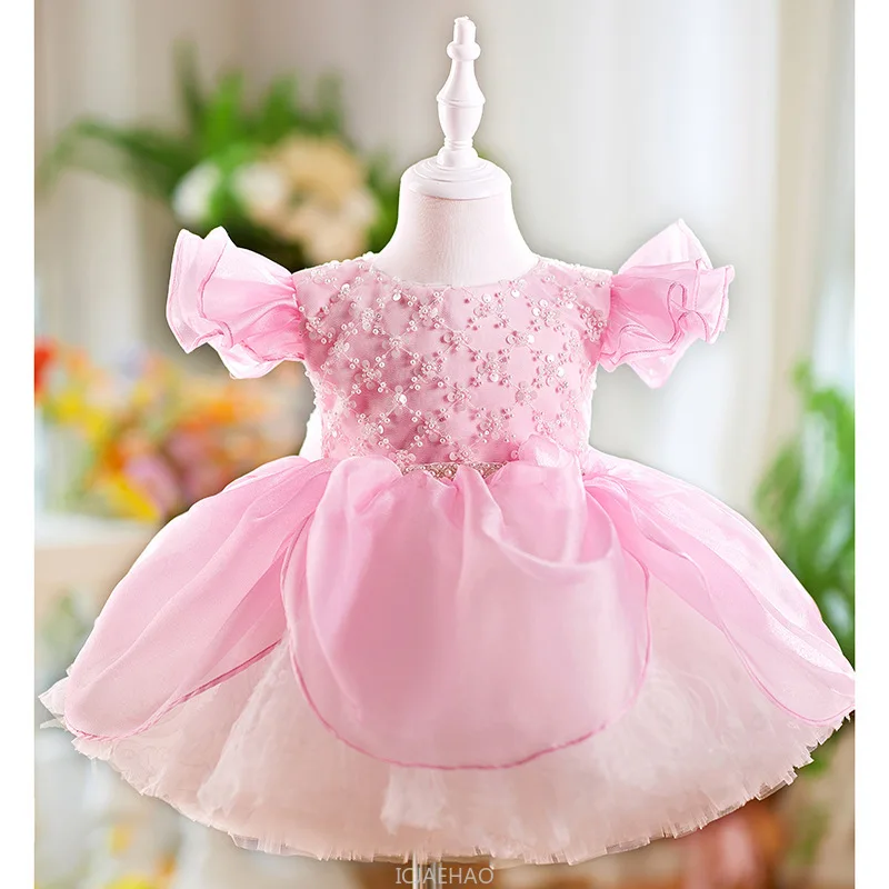 

Wed Dress New Pink Girls Princess Dresses Flutter Sleeve Tutu Gown Kids First Birthday Outfit Baby Toddler Party Wear Costume